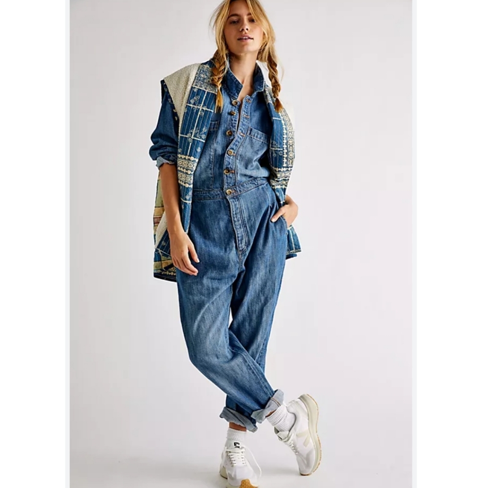 Free People‎ Madrid Blue Denim Coverall Jumpsuit